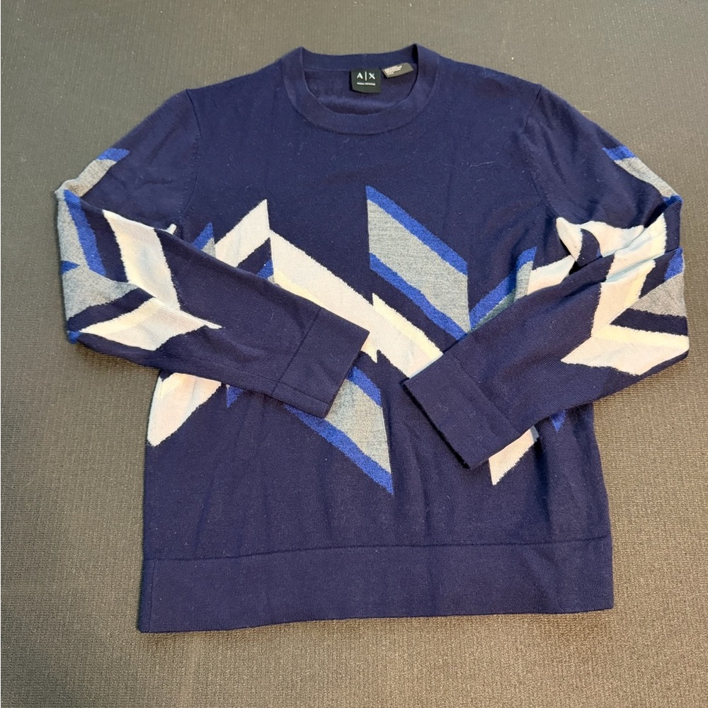 Armani Exchange AX Merino Wool Sweater Men’s Large Blue Geometric Knit Crewneck